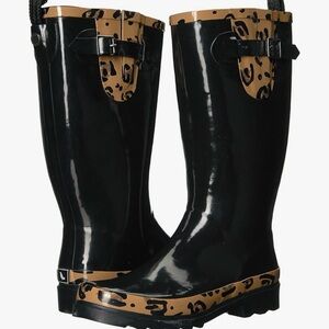 Sakroots Black and Tan Leopard Winter Rain Boots